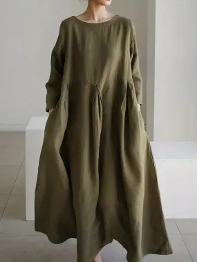 Aliza - Lssiges solides plissiertes 3/4-rmel-Maxikleid mit lockerem Rundhalsausschnitt