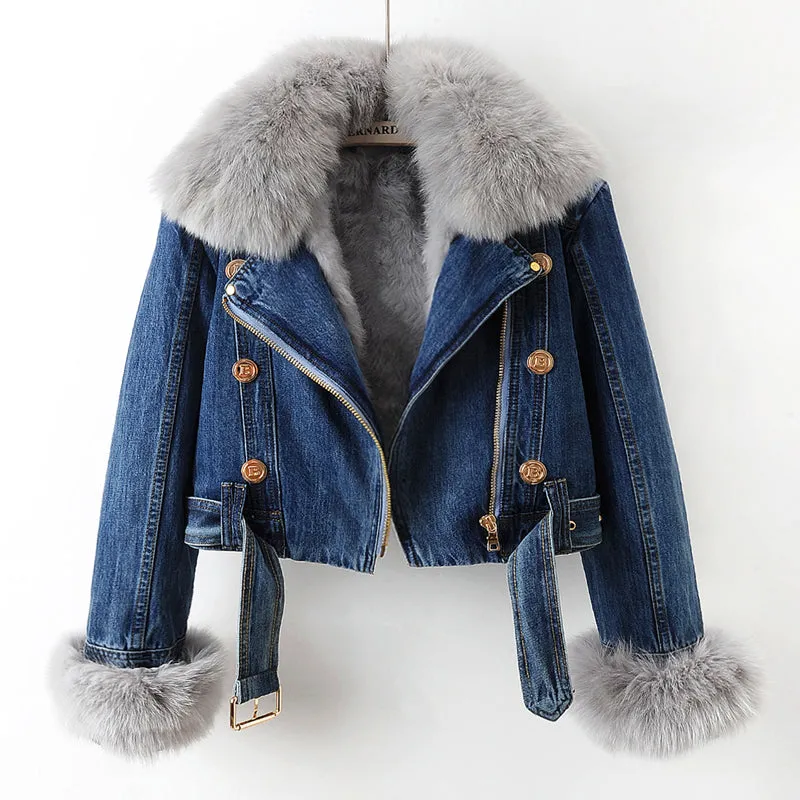 Heidi-Mode | Luxus gefütterter Fuchs Pelz Denim Mantel