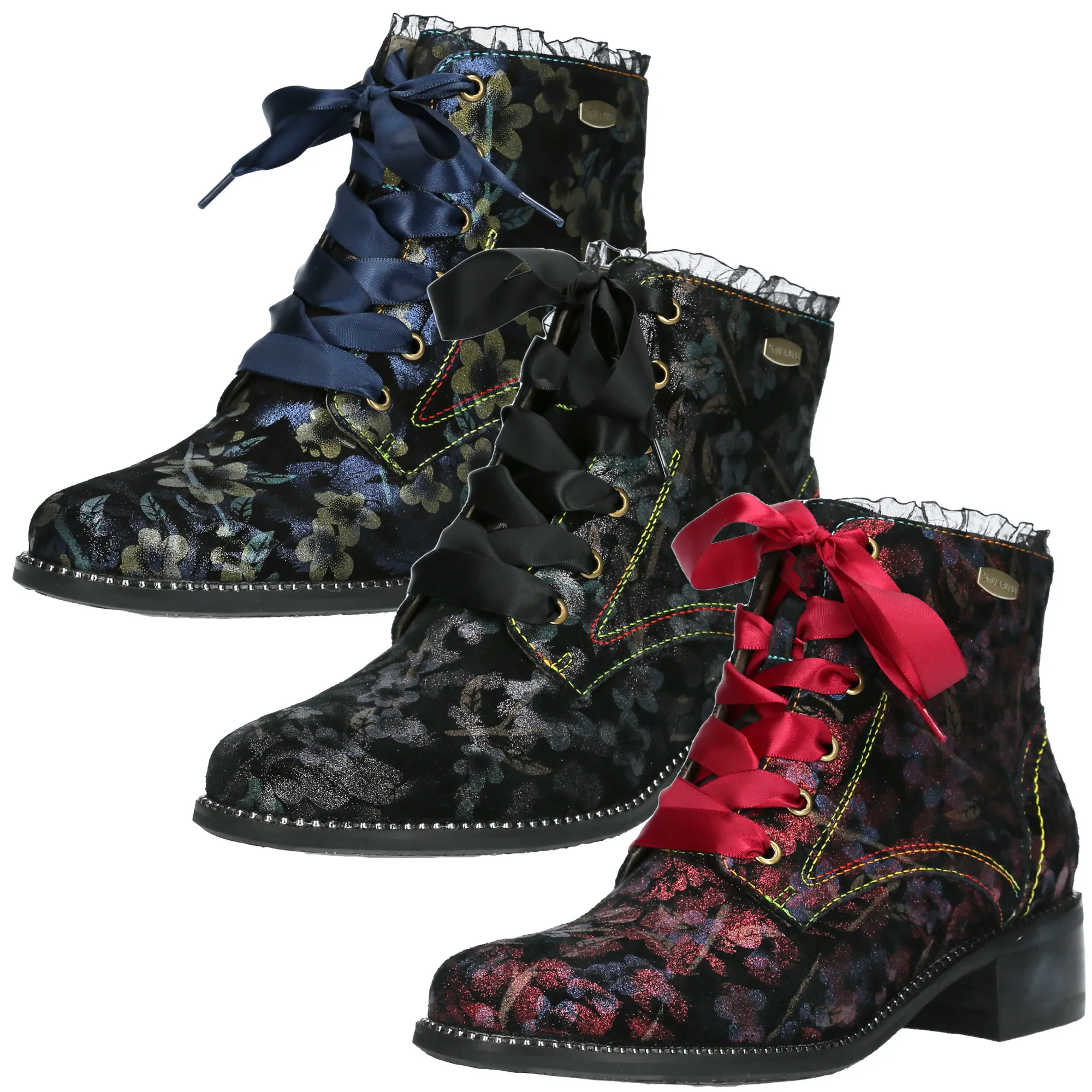 Laura Vita Damen Stiefelette Leder Rüschen Nieten Satinband Blumen Emcmao 05