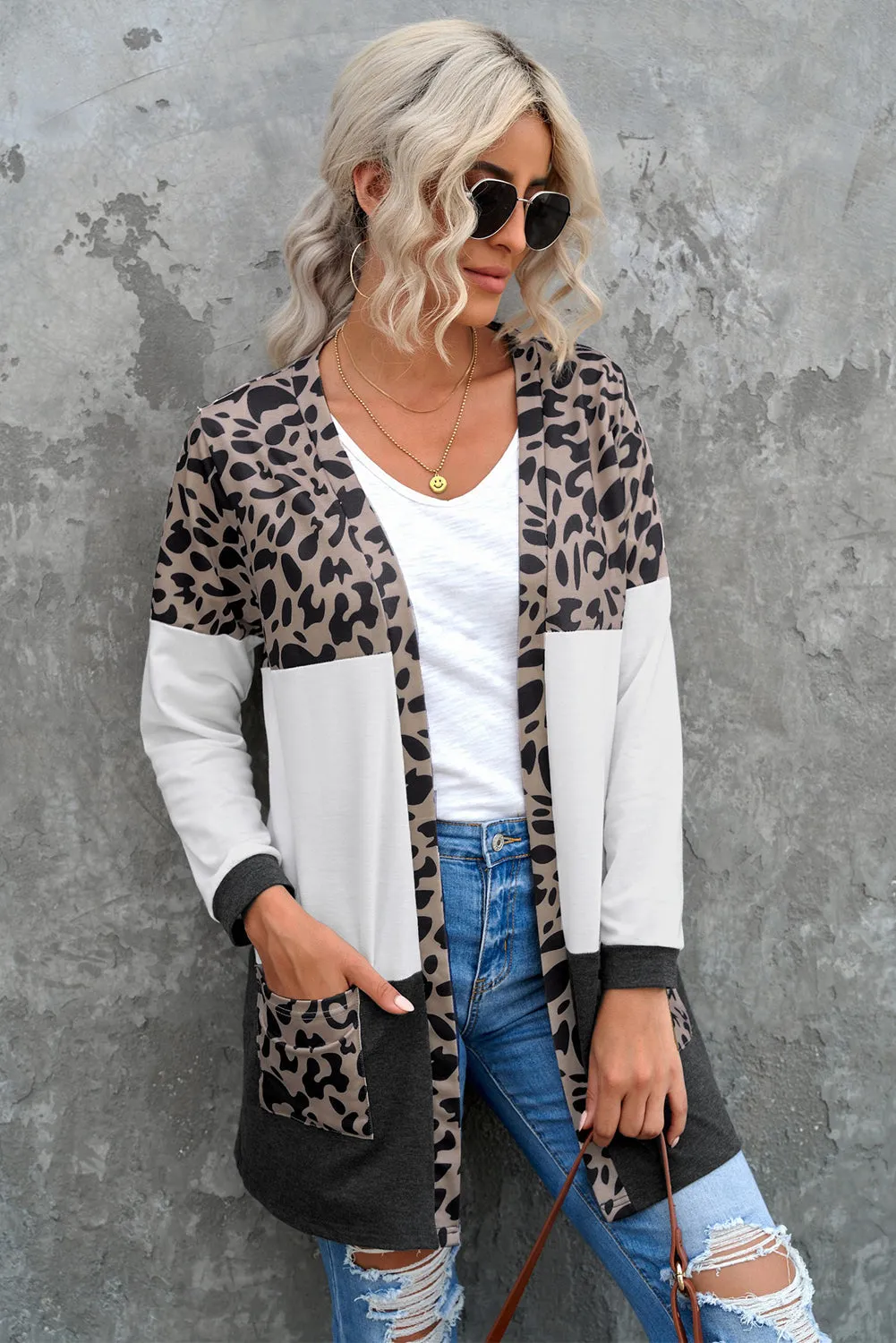 Leopard Block V-Ausschnitt Strickjacke mit Taschen