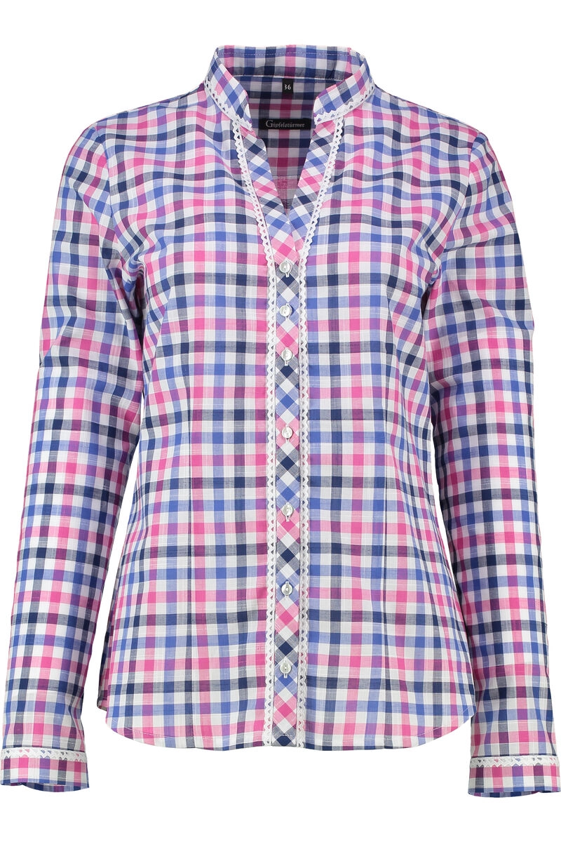 OS TRACHTEN Bluse pink kariert langarm mit Spitzenborte
