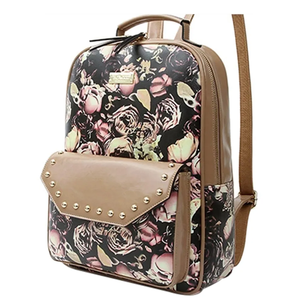 Retro Rivet Floral Print Backpack School Travelling Bag